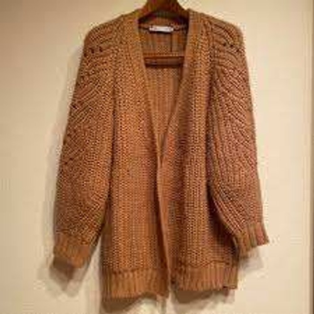 Zara Womens Camel Brown Chunky Ribbed Knit Oversized Open Front Cardigan M-L